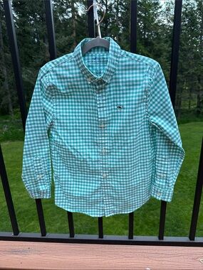 Vineyard Vines Boys Teal and White Gingham Button-Down Shirt